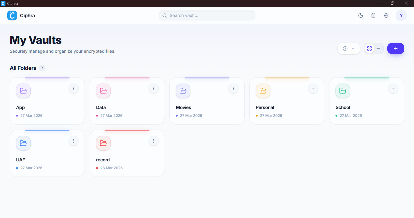 Ciphra Home Page with Folders